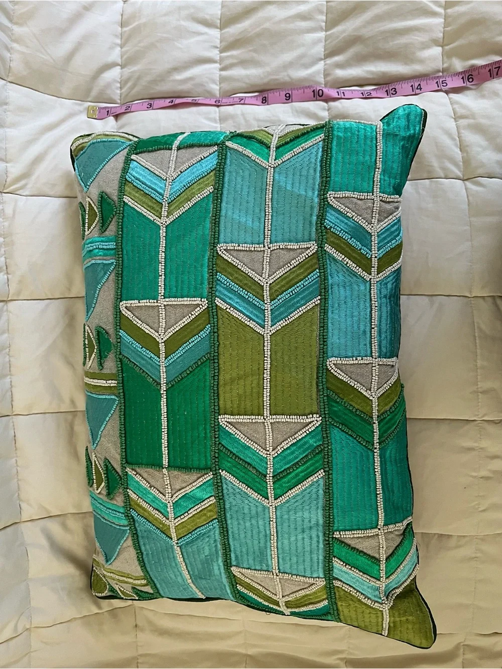 Handcrafted Teal & Green beaded Geometric Accent Pillow -